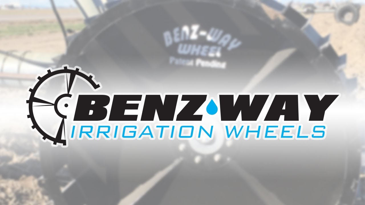 Benz-Way Irrigation Wheels logo with gear and water drop icon over blurred irrigation equipment background.