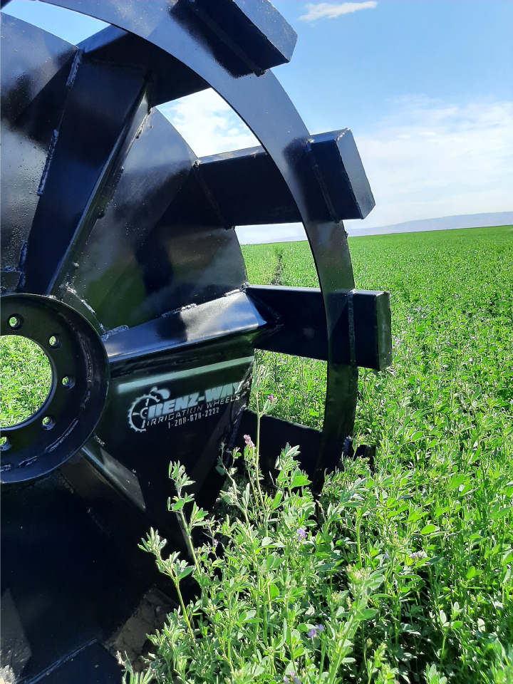Close-up of a large black metal irrigation wheel labeled Benz-Way Wheel in a green crop field under a blue sky.