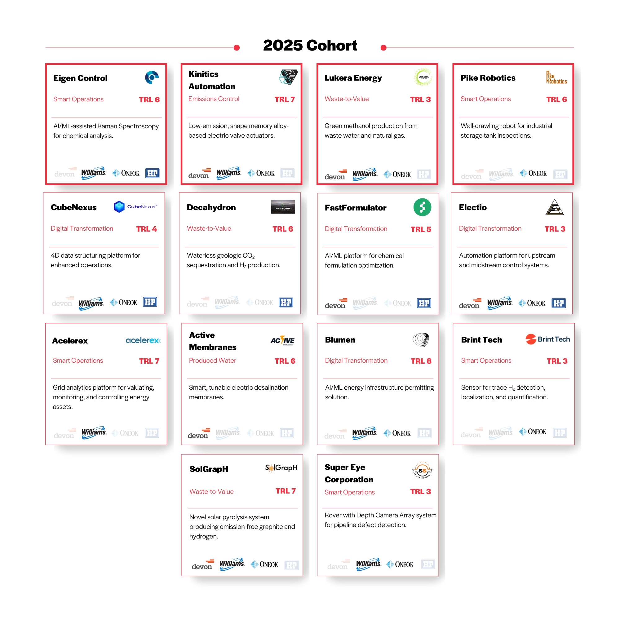 Grid of cards listing 2025 Cohort companies with their focus areas and technology readiness levels including Eigen Control, Kinitics Automation, Lukera Energy, Pike Robotics, CubeNexus, Decahydron, FastFormulator, Electio, Acelerex, Active Membranes, Blumen, Brint Tech, SolGrapH, and Super Eye Corporation.