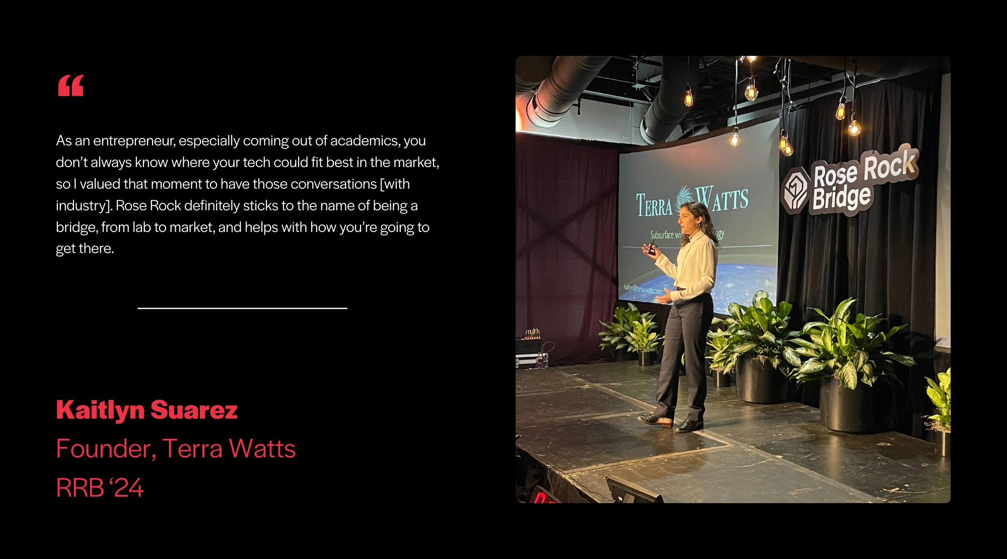 Kaitlyn Suarez, founder of Terra Watts, presenting on stage at the 2024 Rose Rock Bridge Showcase