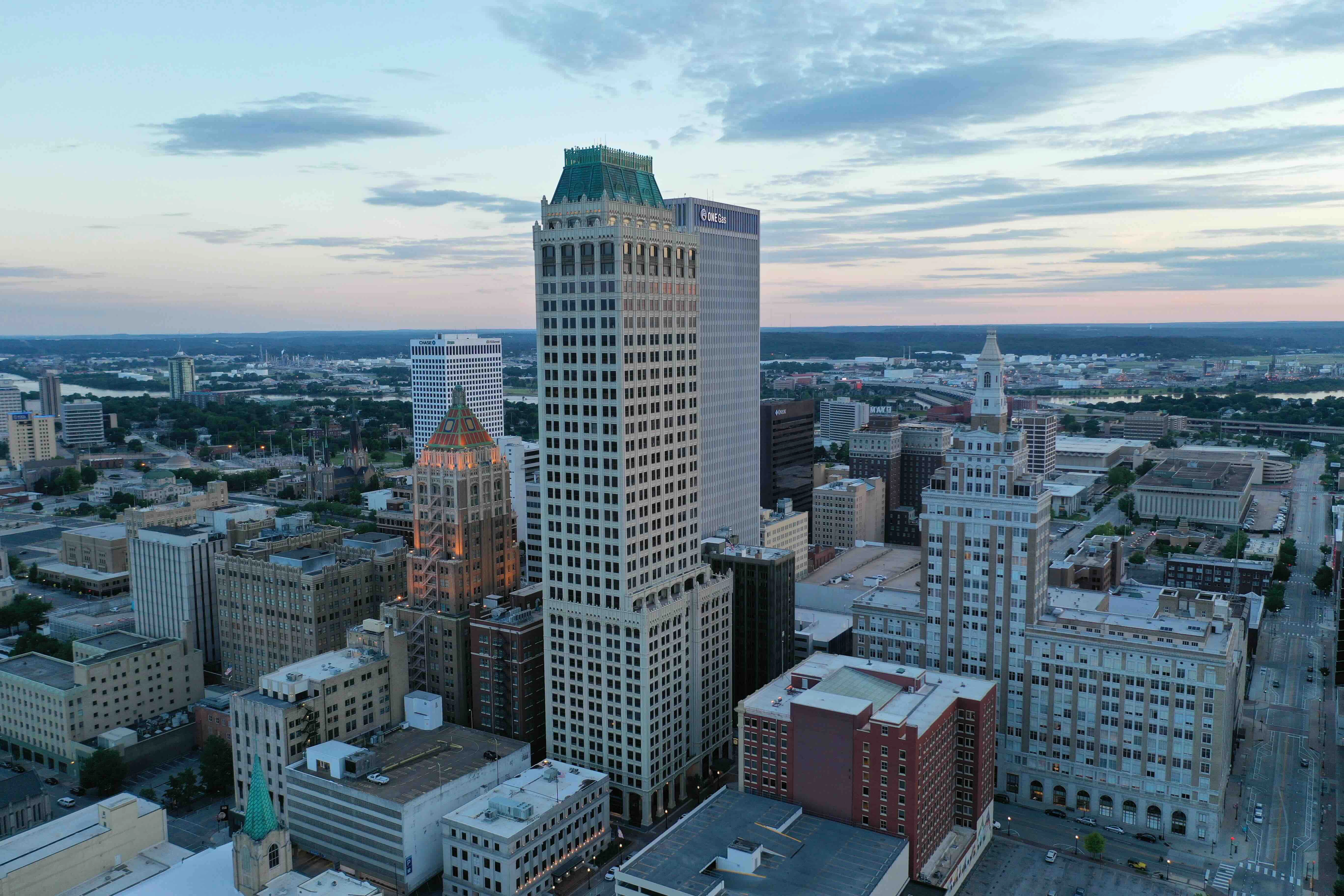 Tulsa skyline at sunset.
