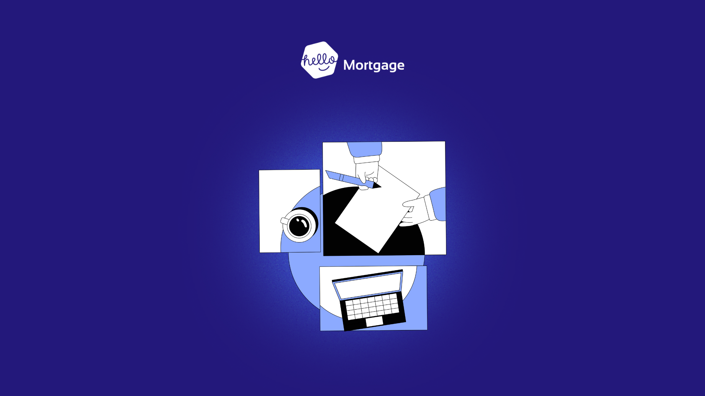 A blue graphic of a computer and someone writing on a document. 