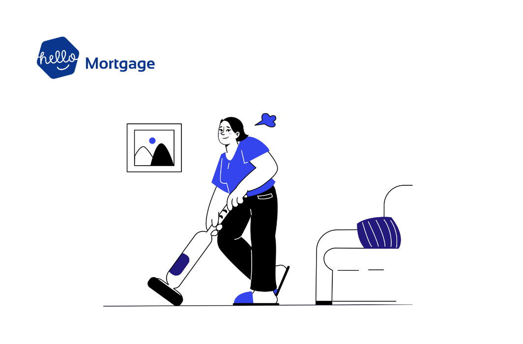 A graphic of a women hoovering with highlights of light blues.