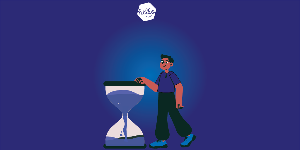A man next to a large hourglass clock all against a dark blue background.
