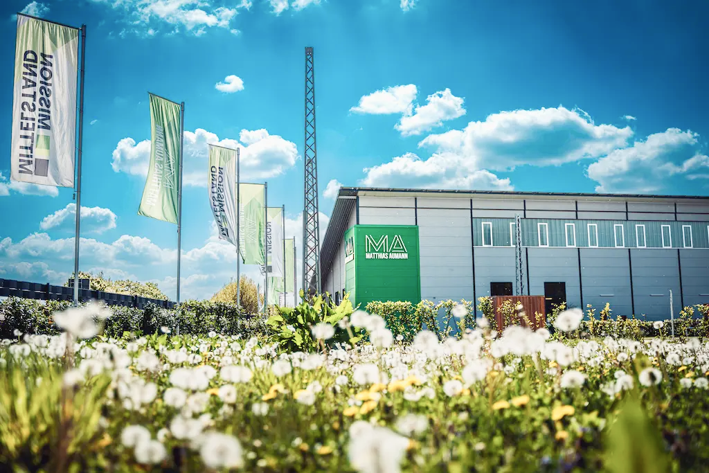 Industrial building with a green MATTHIAS AUMANN sign, several tall flagpoles with white and green flags, and a foreground filled with dandelions under a bright blue sky with scattered clouds.