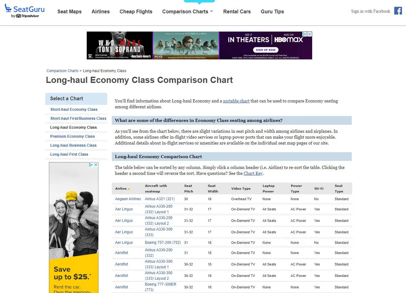 screenshot of SeatGuru comparison chart. 