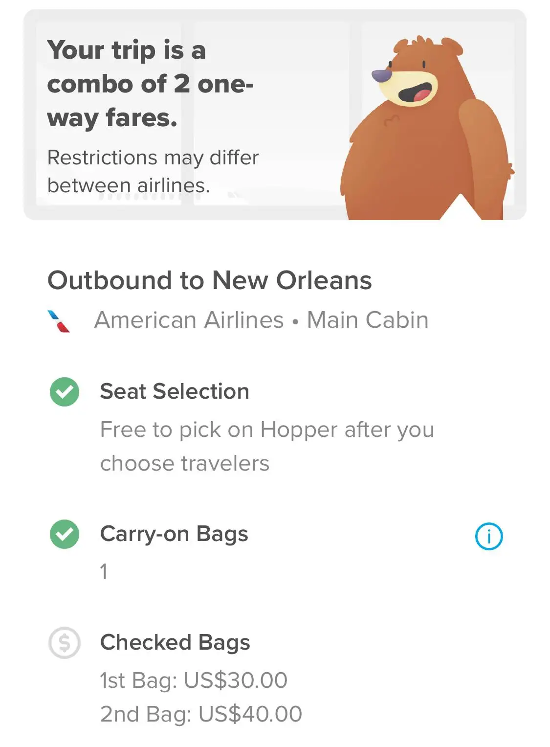 baggage info on hopper.