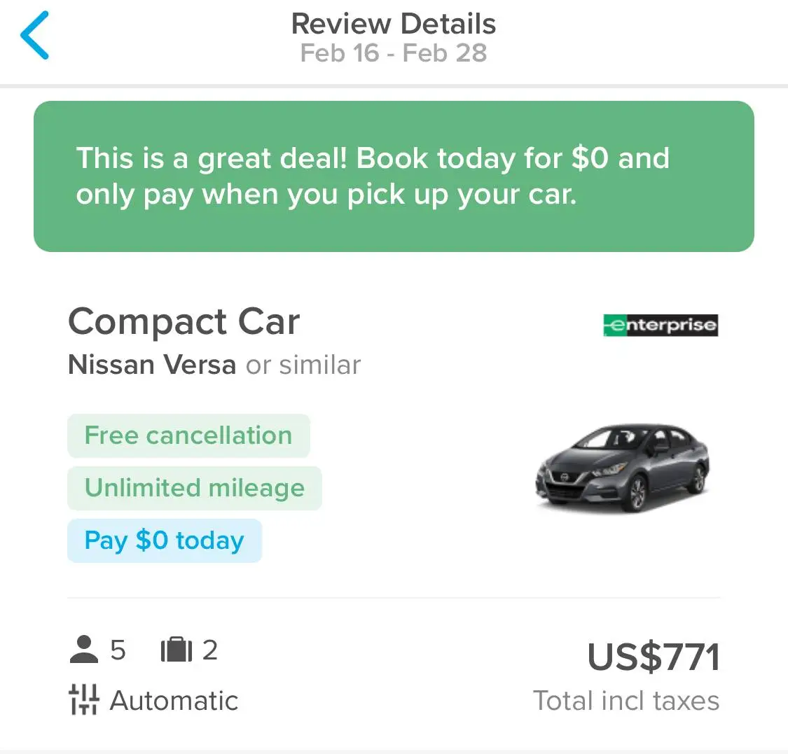 car rental booking details on hopper.