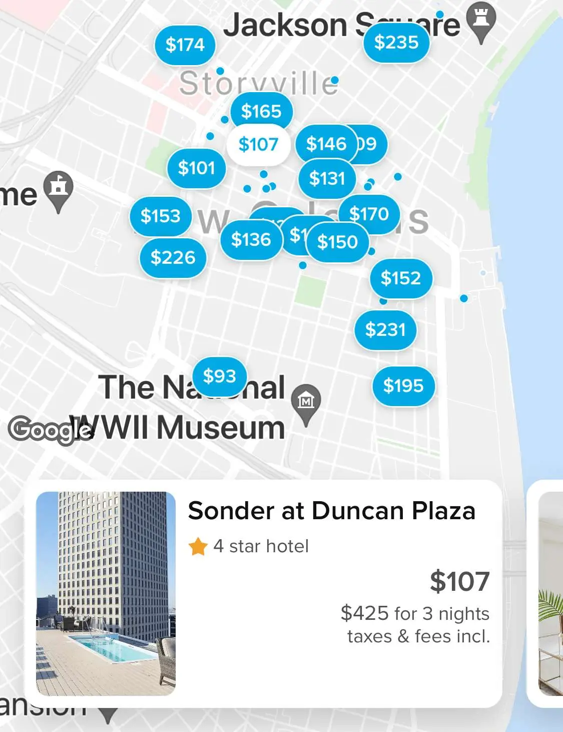 map view of hotels in hopper.