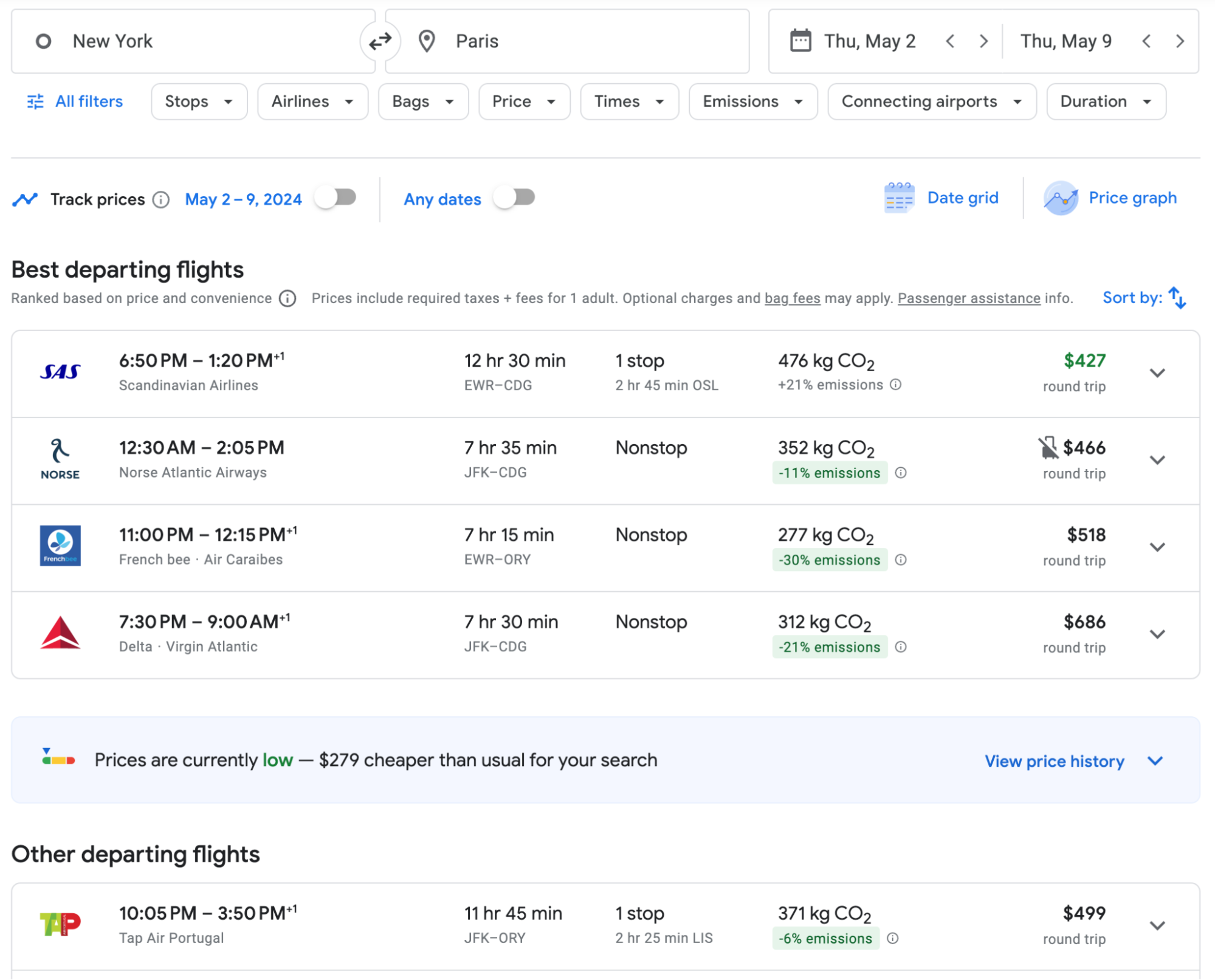 Example of Google Flights search