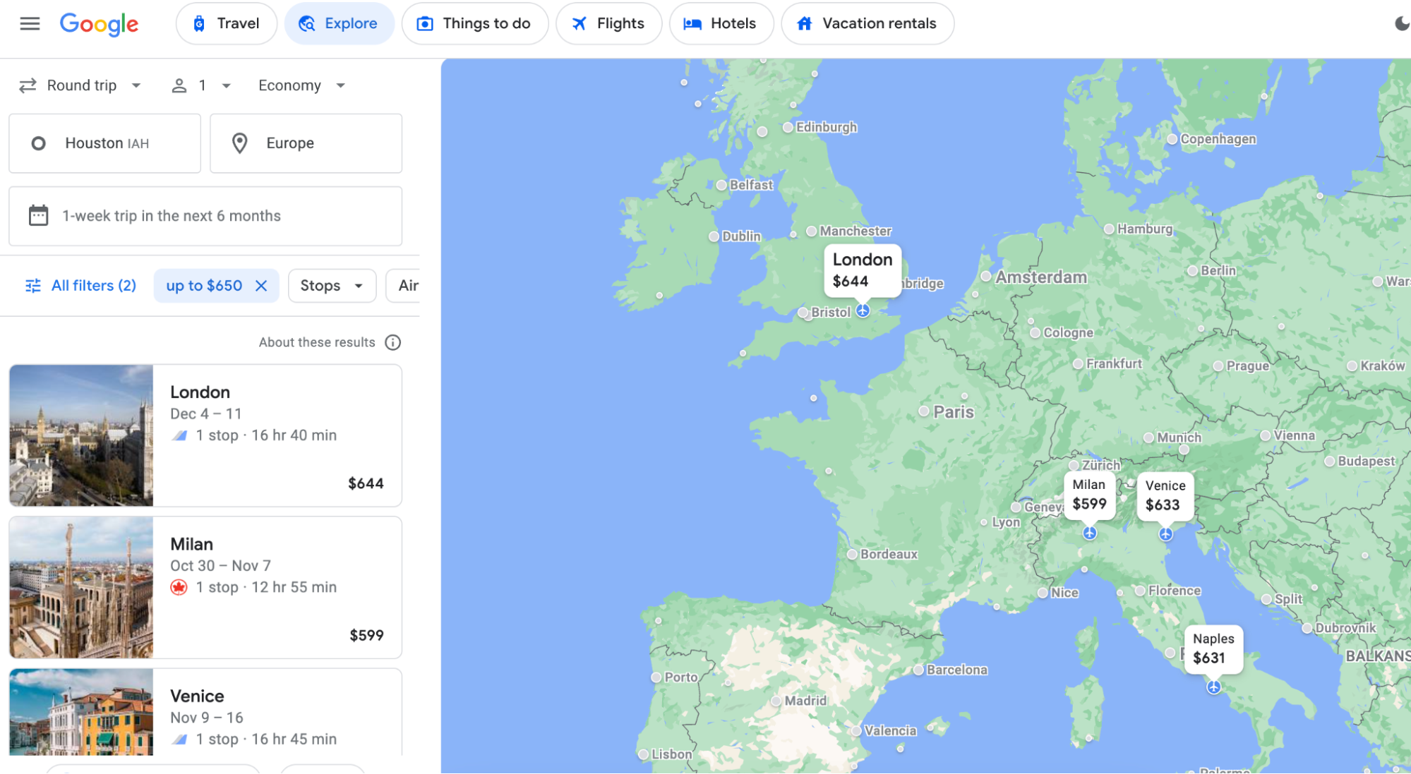 Example of Google Flights search