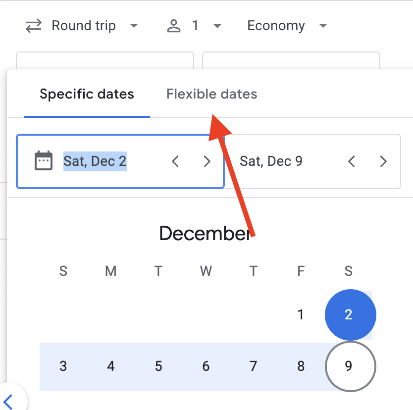 Example of Google Flights search