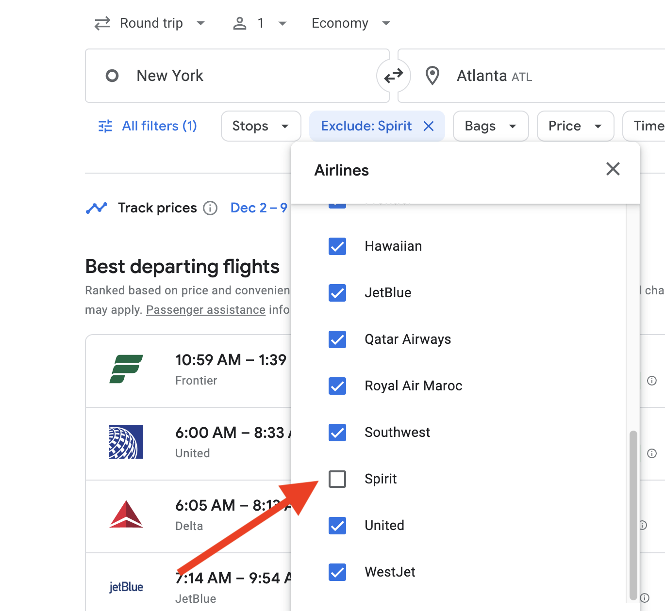 Example of Google Flights search