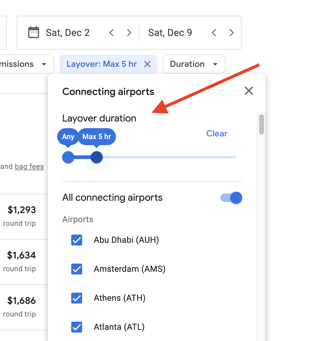 Example of Google Flights search