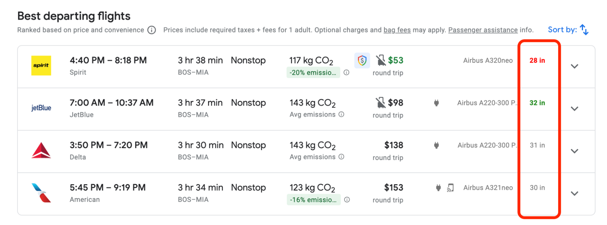 Example of Google Flights search