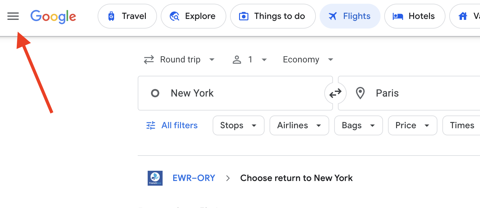 Example of Google Flights search