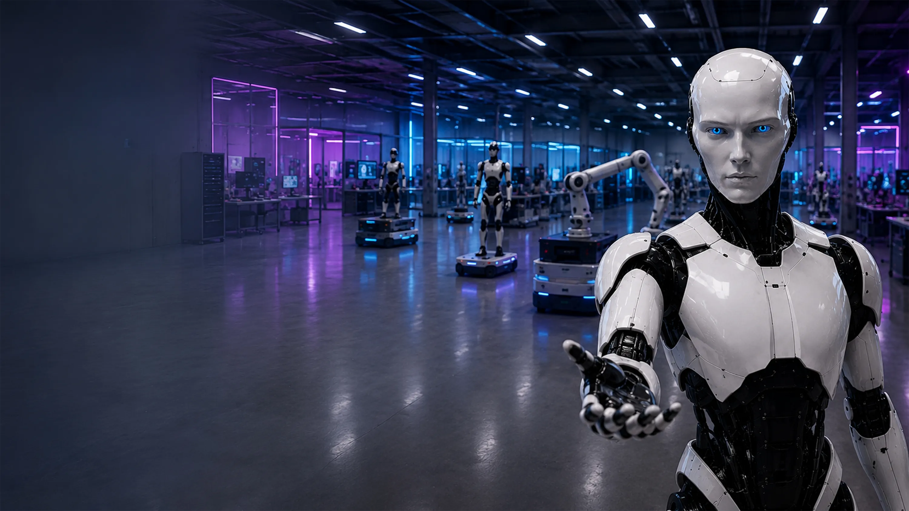 A futuristic humanoid robot with white and black armor and glowing blue eyes extends its hand in a high-tech factory with several similar robots and robotic arms in the background illuminated by purple and blue lights.