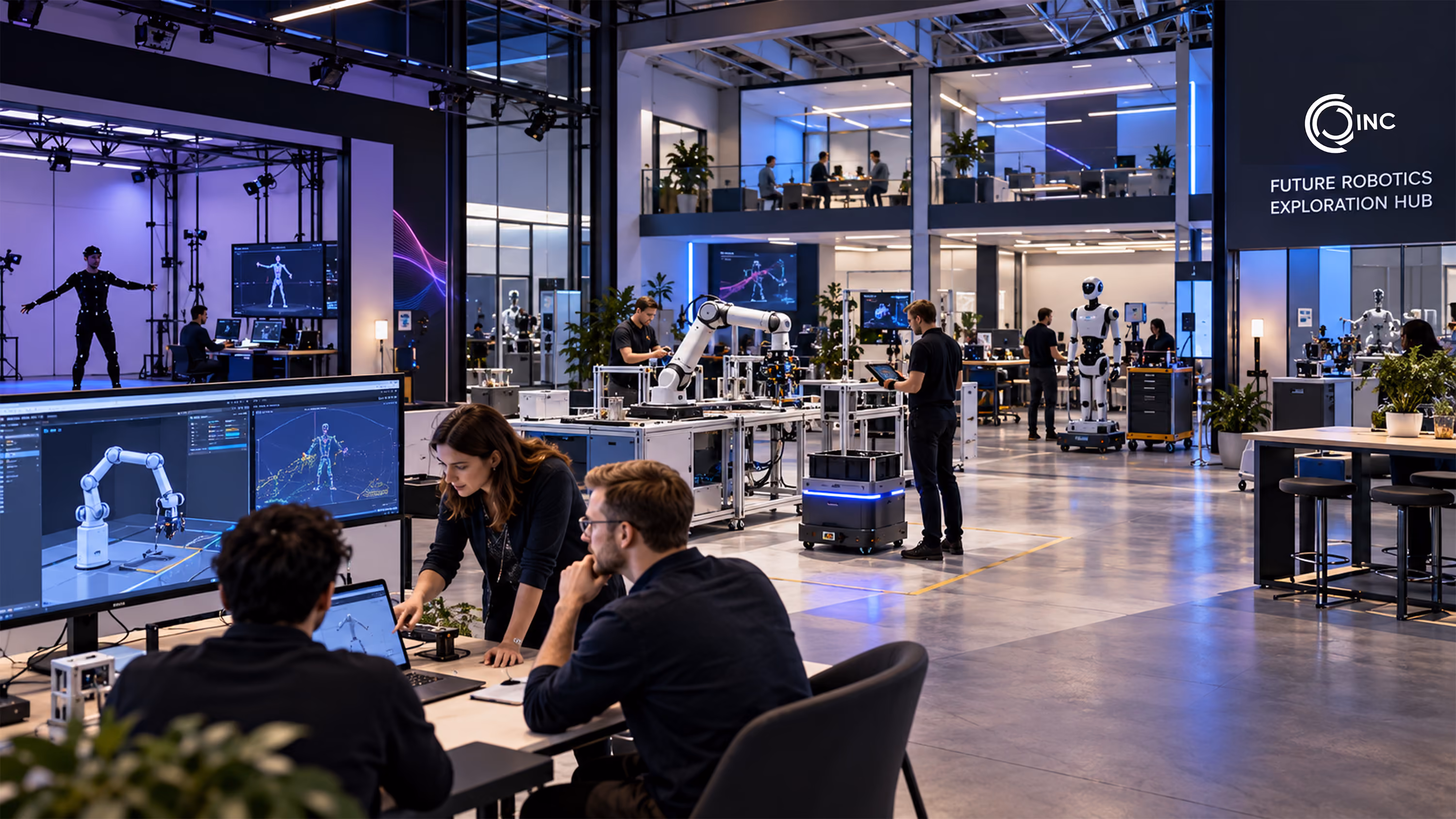 Modern robotics lab with people working on robotics projects; screens show robotic arm designs and motion capture analysis; robotic arms and humanoid robots are positioned throughout the space, with a two-story glass office area in the background; the wall displays a logo and the text 'Future Robotics Exploration Hub'.