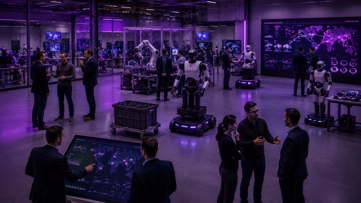 Modern tech lab with people interacting near robotic machines and advanced digital displays showing world maps and data visualizations under purple lighting.
