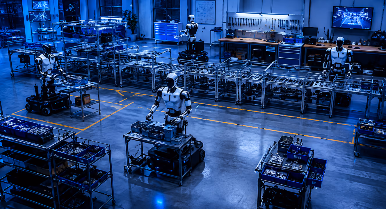 Robotic assembly line in a high-tech factory with multiple humanoid robots handling parts on rolling carts and conveyor belts under blue lighting.