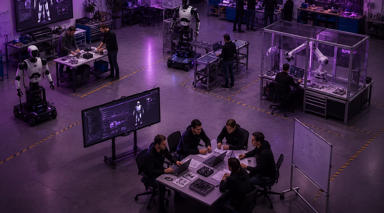 High-tech laboratory with several humanoid robots, robotic arms in enclosed stations, and people working at tables with laptops and robot parts under purple lighting.