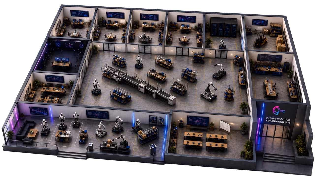 3D floor plan of a modern robotics lab with various rooms containing workstations, robots on platforms, assembly lines, and large display screens, labeled Future Robotics Exploration Hub at main entrance.