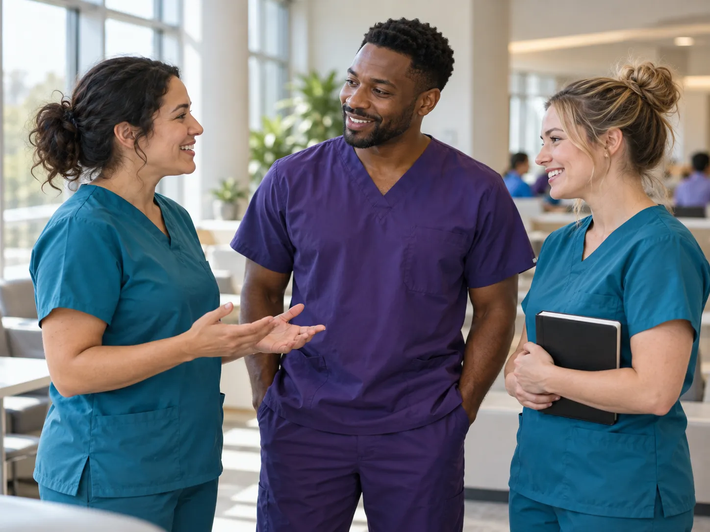 Illustrative image of three nurses connecting in a hospital learning space.