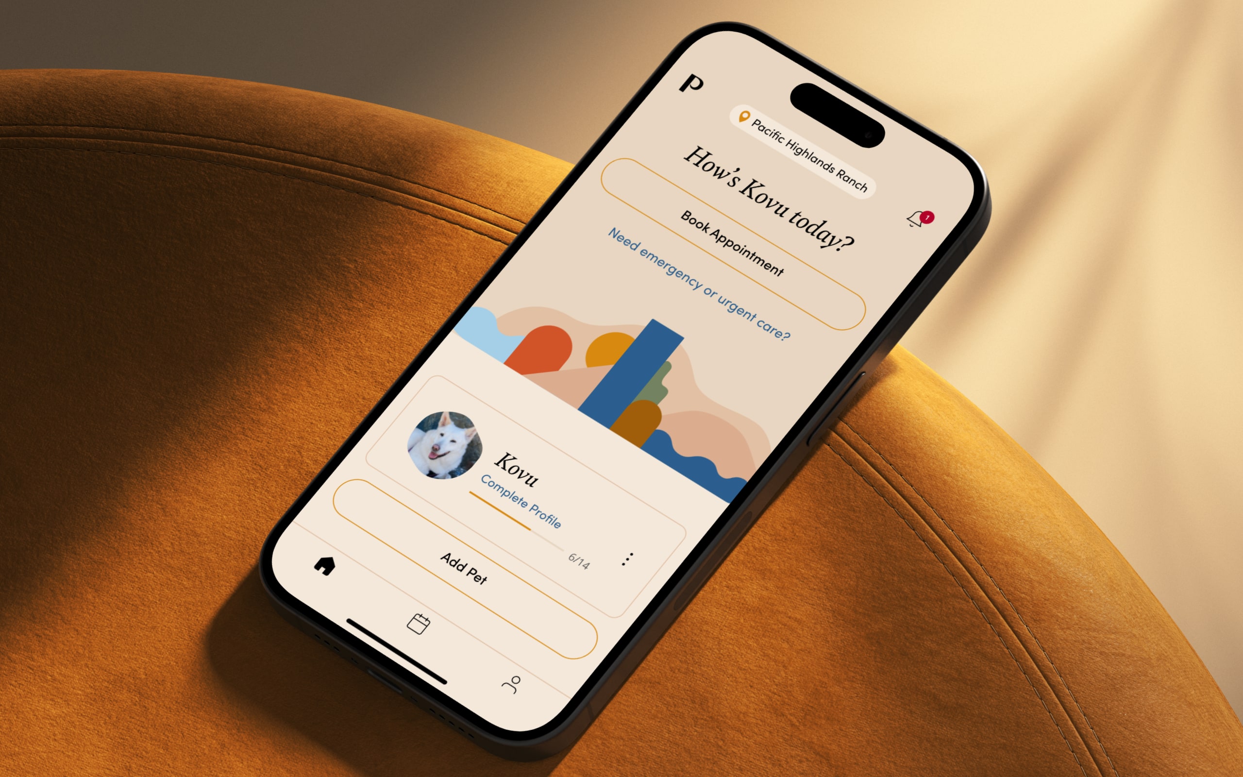 Phone sitting on textured couch showing the home screen on the Papaya app