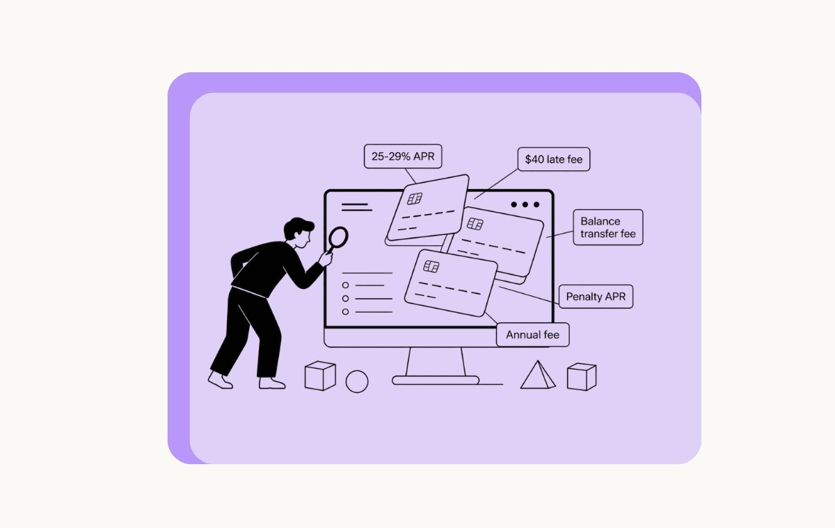 illustration of a man looking at a computer screen with credit card terms 