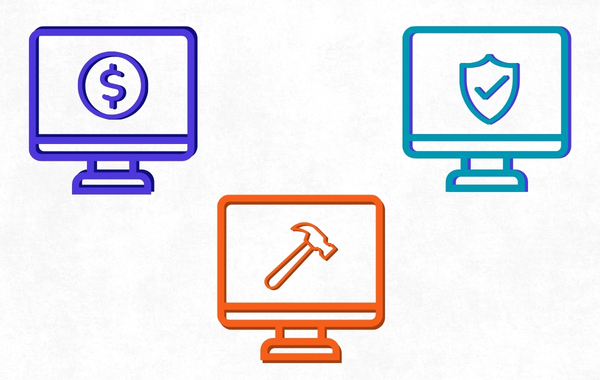 Three monitor screens showing security shield, hammer, and dollar sign