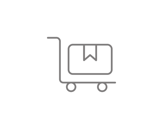 Gray outline of a hand truck carrying a box with a label mark in the center.