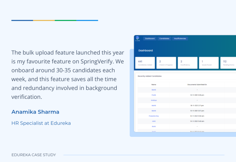SpringVerify dashboard used by Edureka's HR team to track verifications