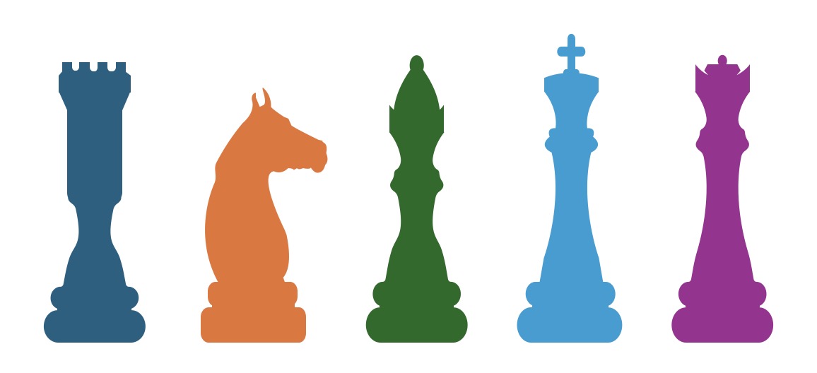 Colorful chess piece silhouettes including rook, knight, bishop, king, and queen on a white background.