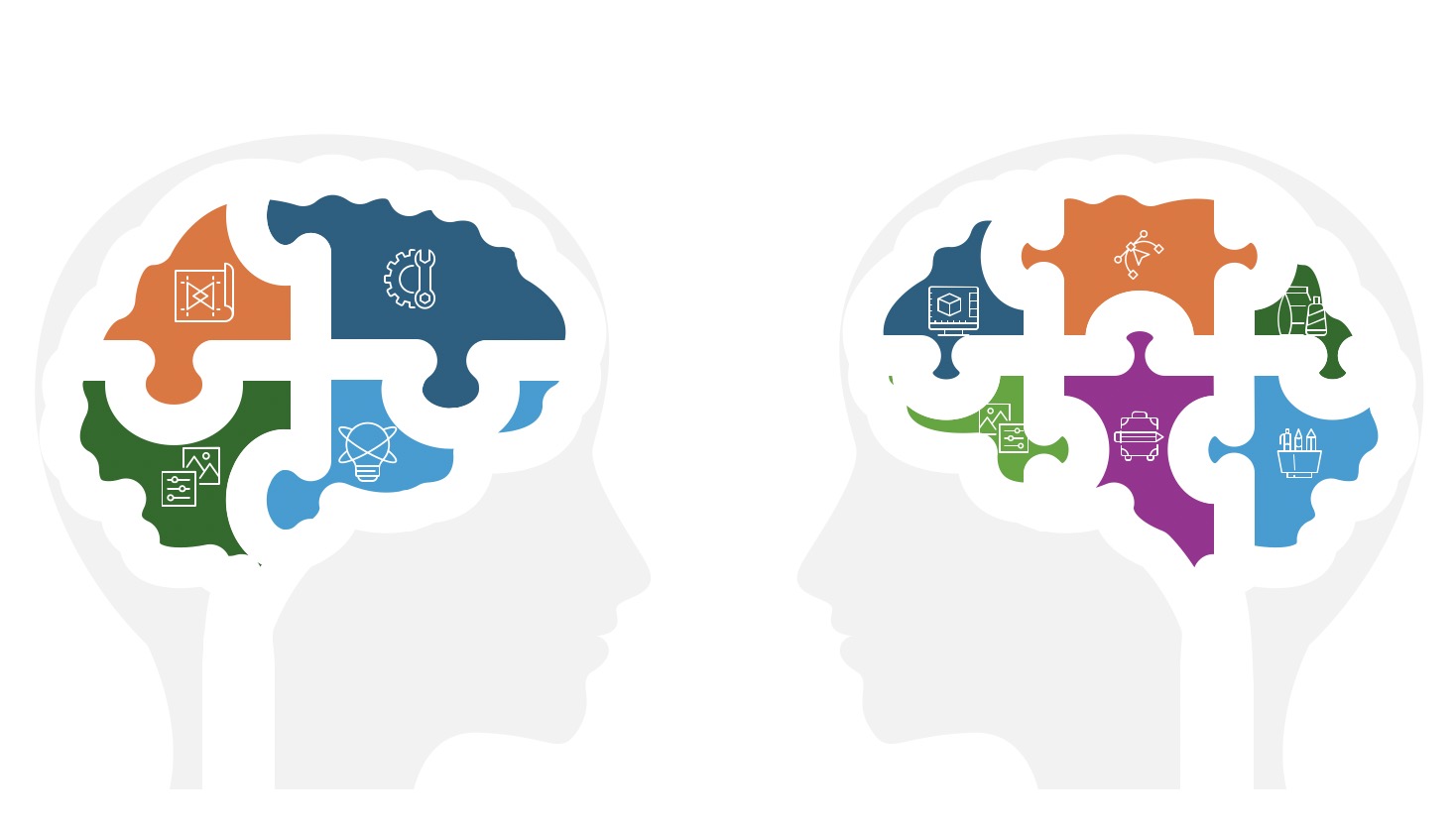 Side profile silhouettes of two human heads facing each other with colorful brain-shaped puzzle pieces containing various icons representing creativity and technology.