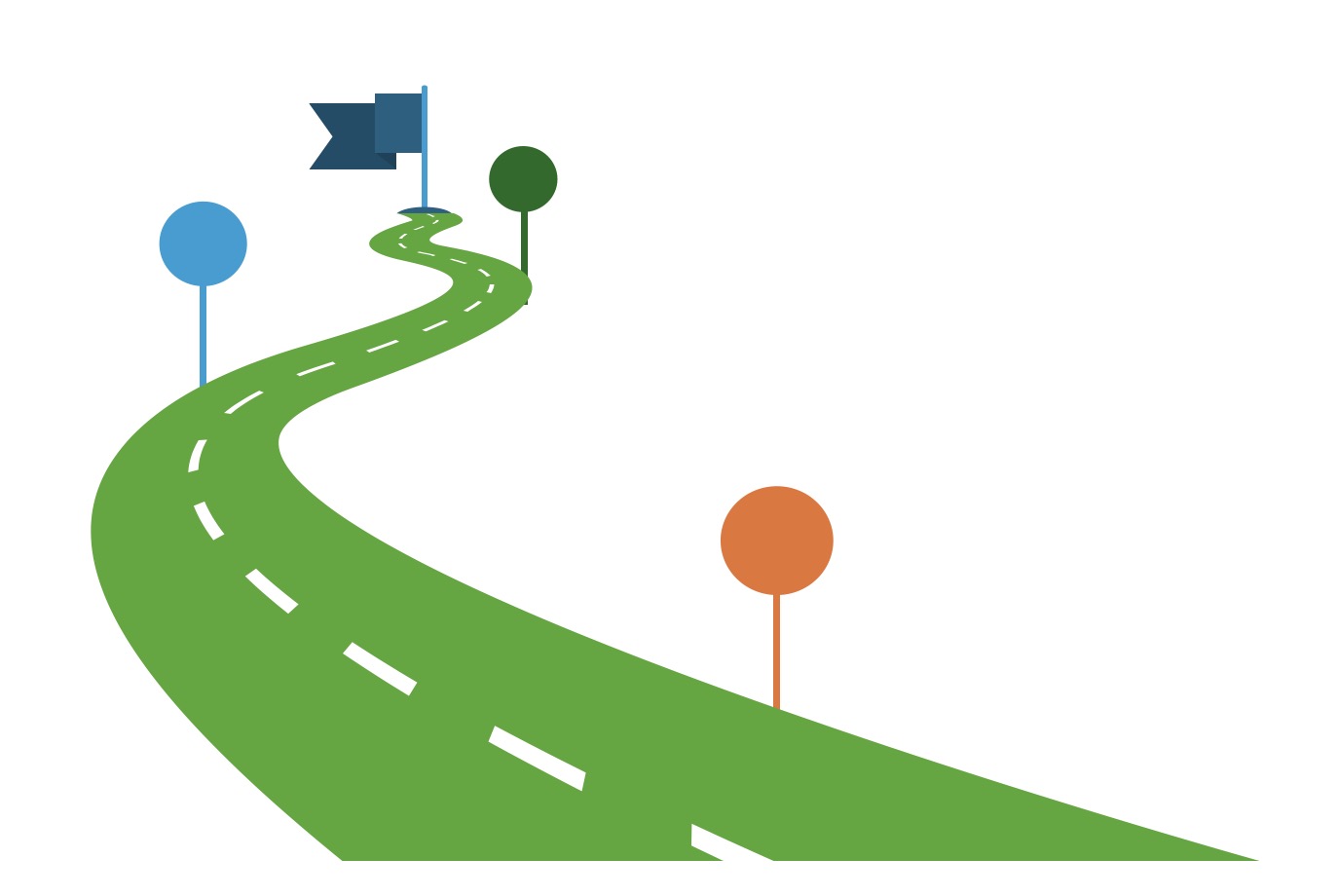 Curved green road with white dashed lines leading to a blue flag, flanked by three round trees in blue, green, and orange.