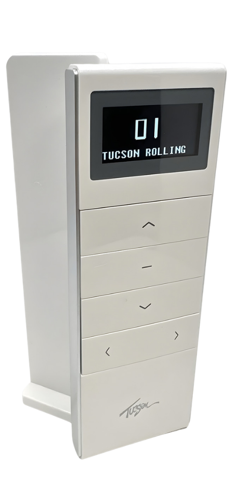 Remote for motorized blinds with screen displaying '16'.