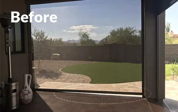 Outdoor patio with screen shade labeled "Before"