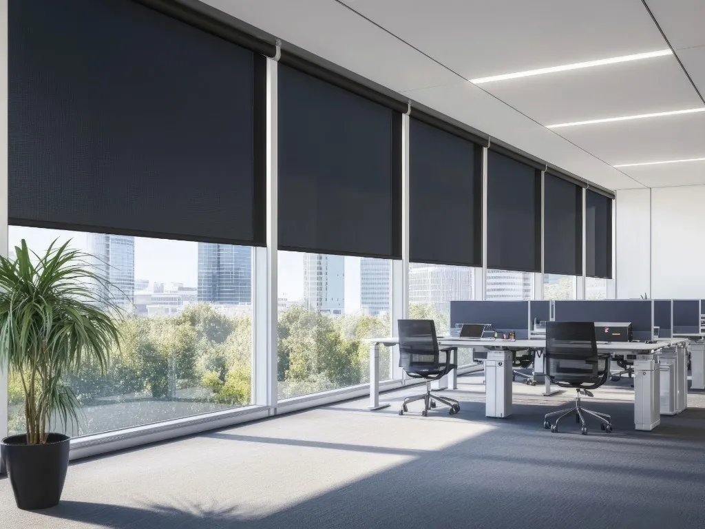 Modern office space with large windows partially covered by black roller blinds, featuring desks, office chairs, and a potted plant.