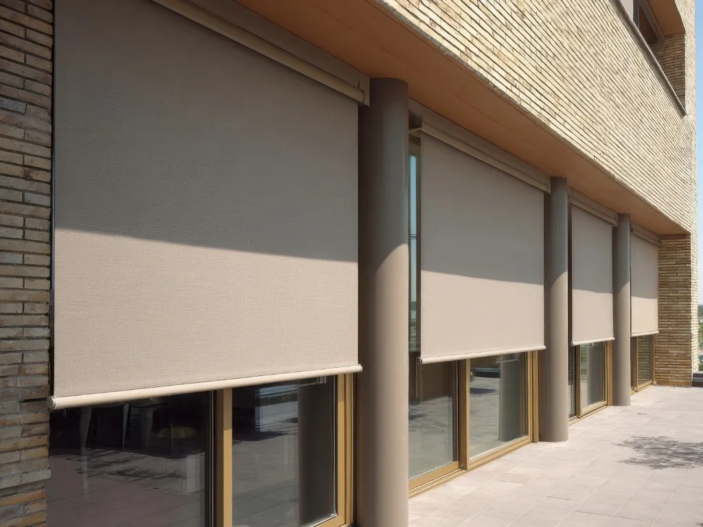 Beige exterior roller blinds covering large windows on a modern building with brick walls and columns.