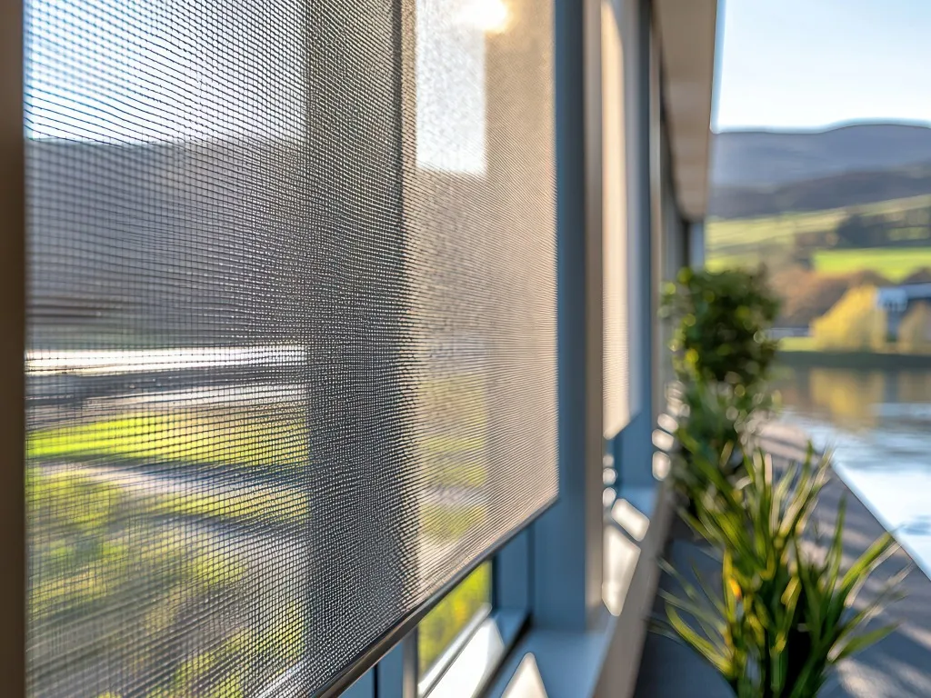 Close-up of a mesh window screen with a blurred view of plants and a riverside landscape outside.