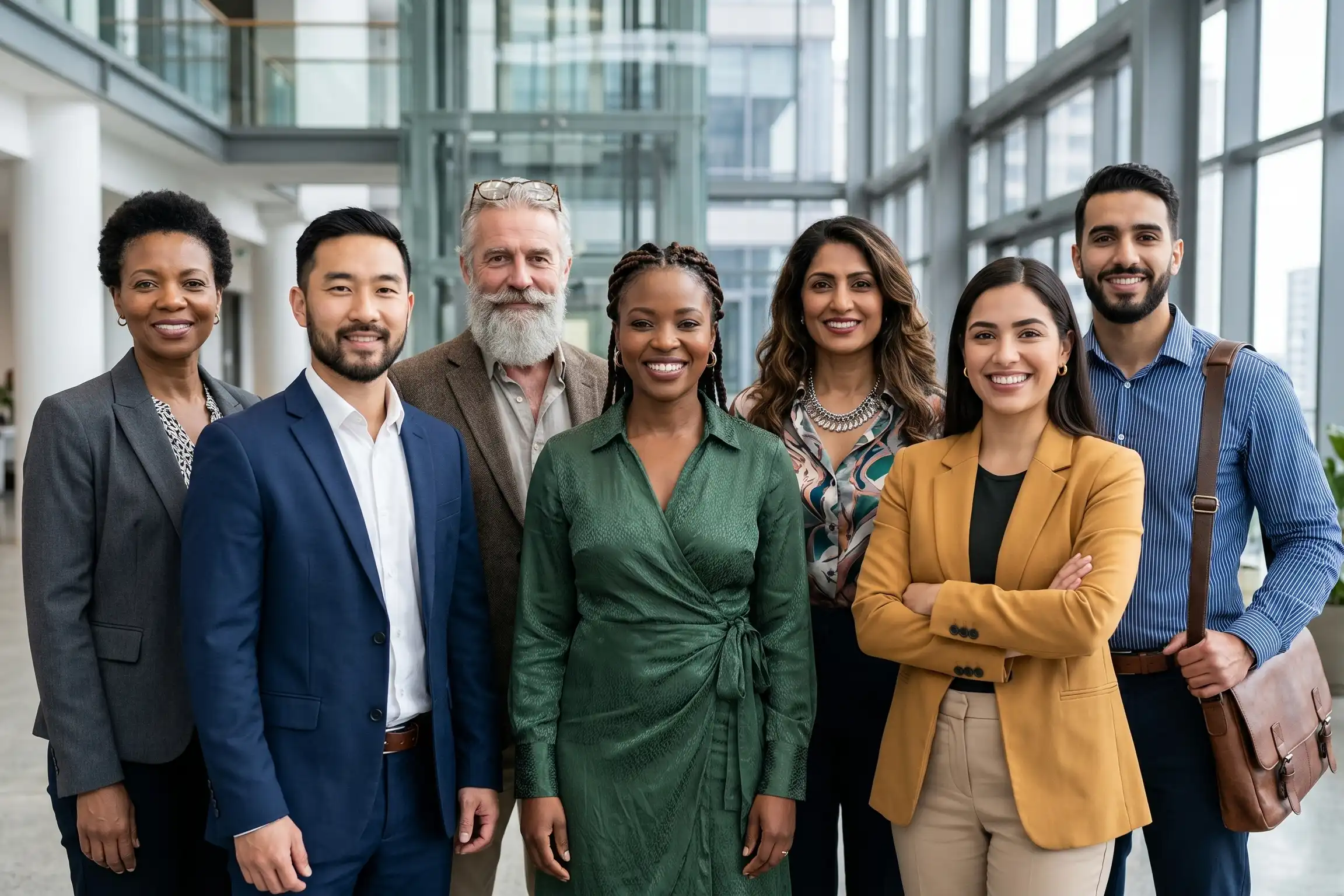 A diverse group of seven successful business professionals smiling and standing together as a confident corporate team inside a bright modern office.