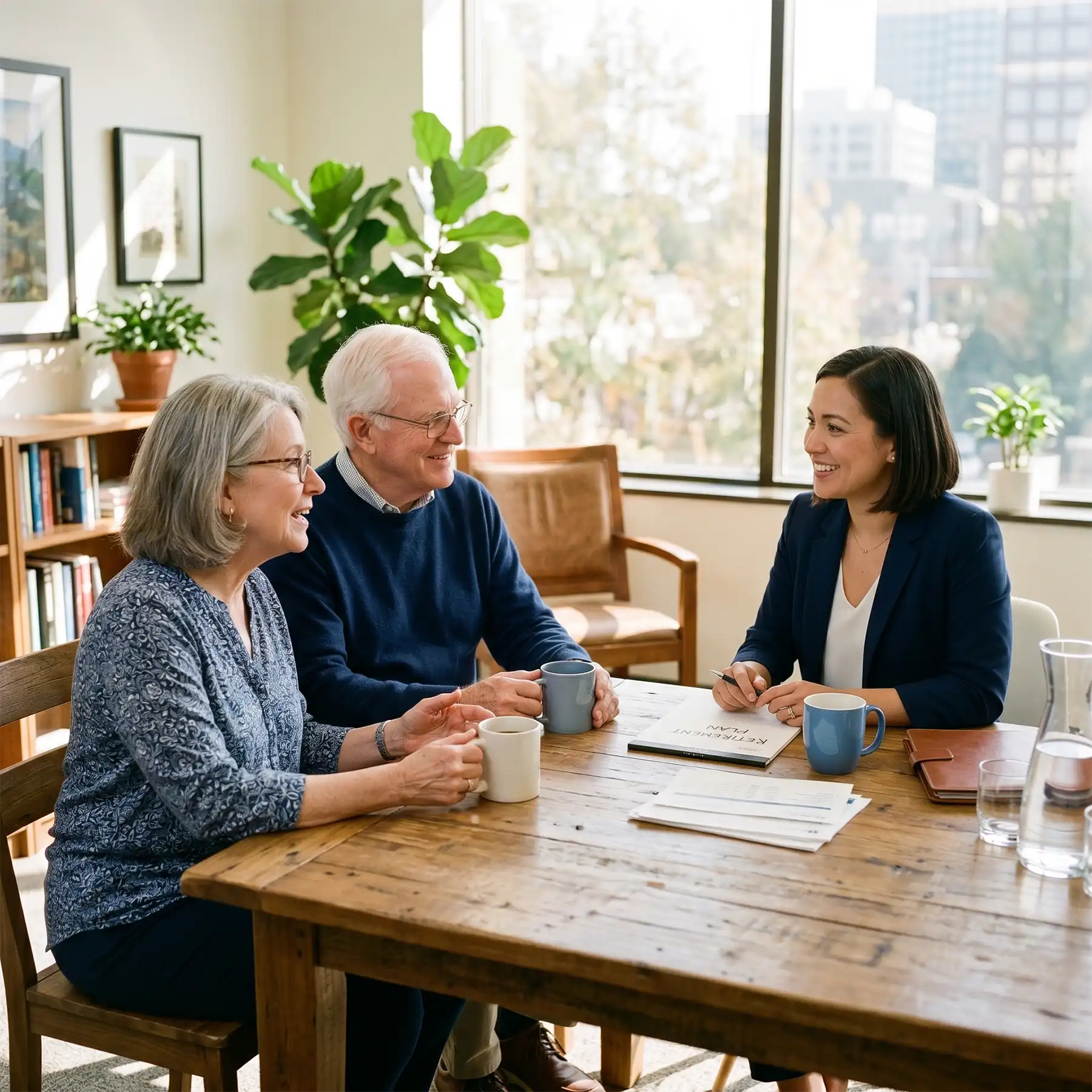 A female financial professional smiles while discussing retirement care plans with a senior couple sitting together at a wooden table in a bright office.