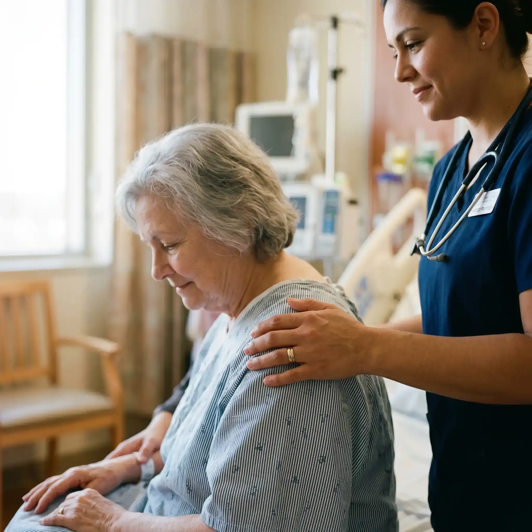A female medical provider with a stethoscope offers comfort to an older patient in a hospital gown. The provider has her hand on the patient's shoulder.