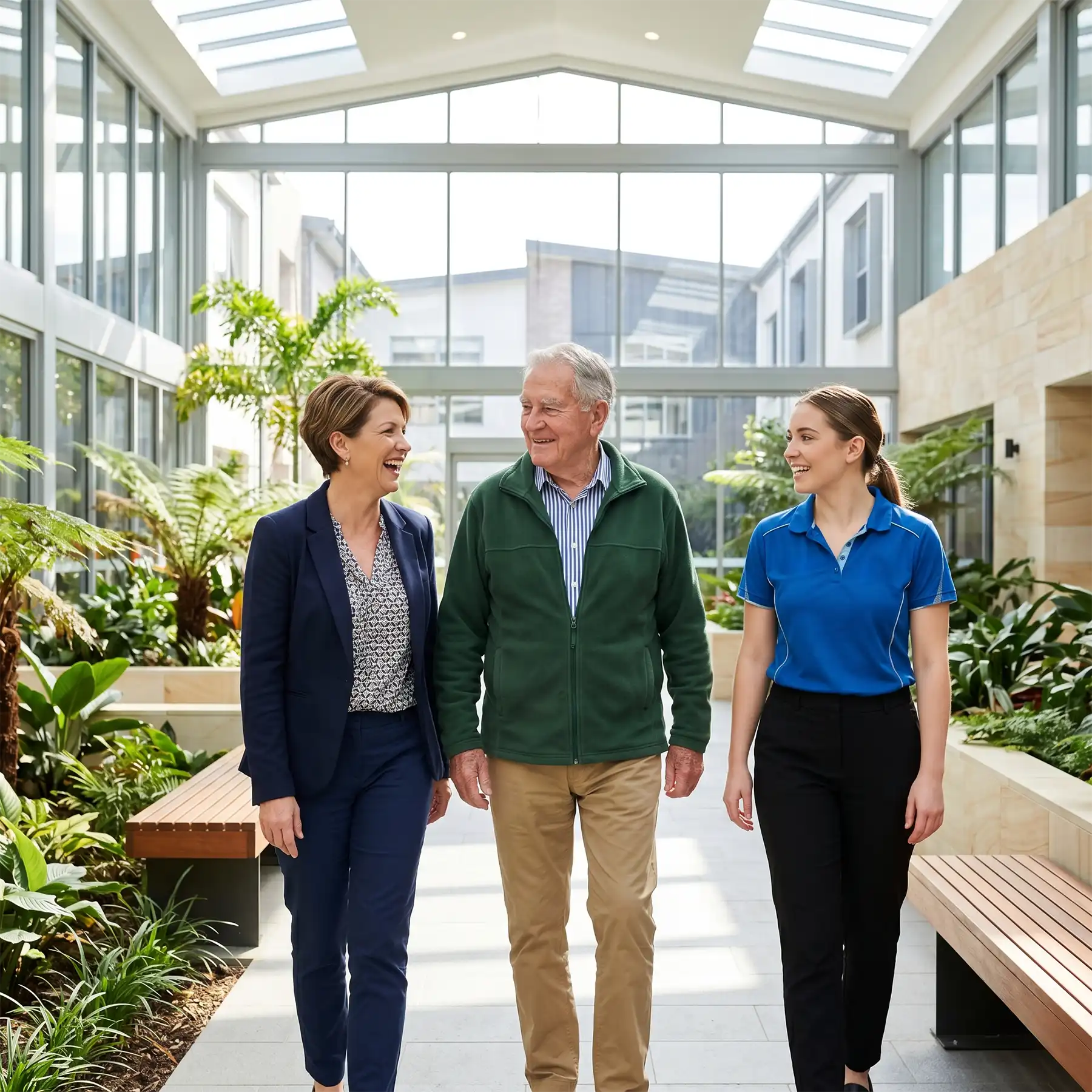 A smiling senior man walks and chats with a woman in a suit and a staff member in a blue polo through a bright, plant-filled indoor senior community.