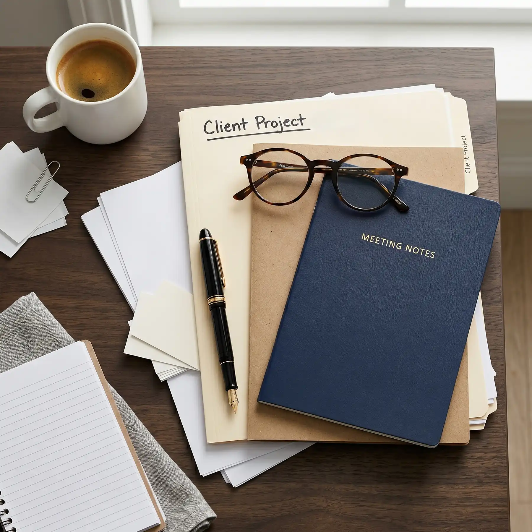 Top-down view of an organized desk featuring glasses on a meeting notes journal, client project folders, a fountain pen, and a warm cup of coffee.