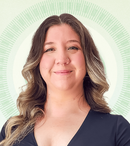 Headshot of Johanna Fuentes against a sage background