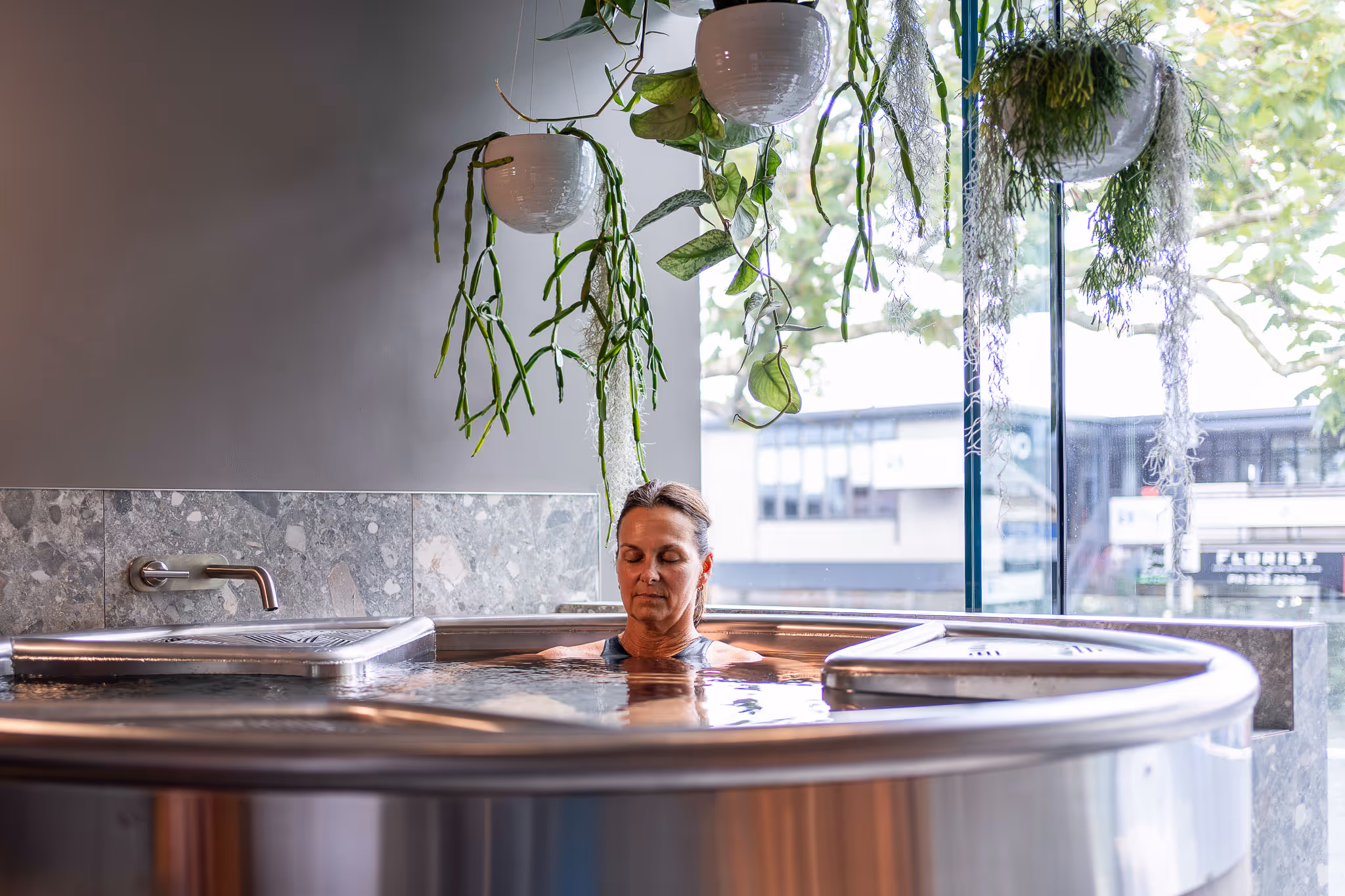 Large ice bath in Remuera by a window with a view