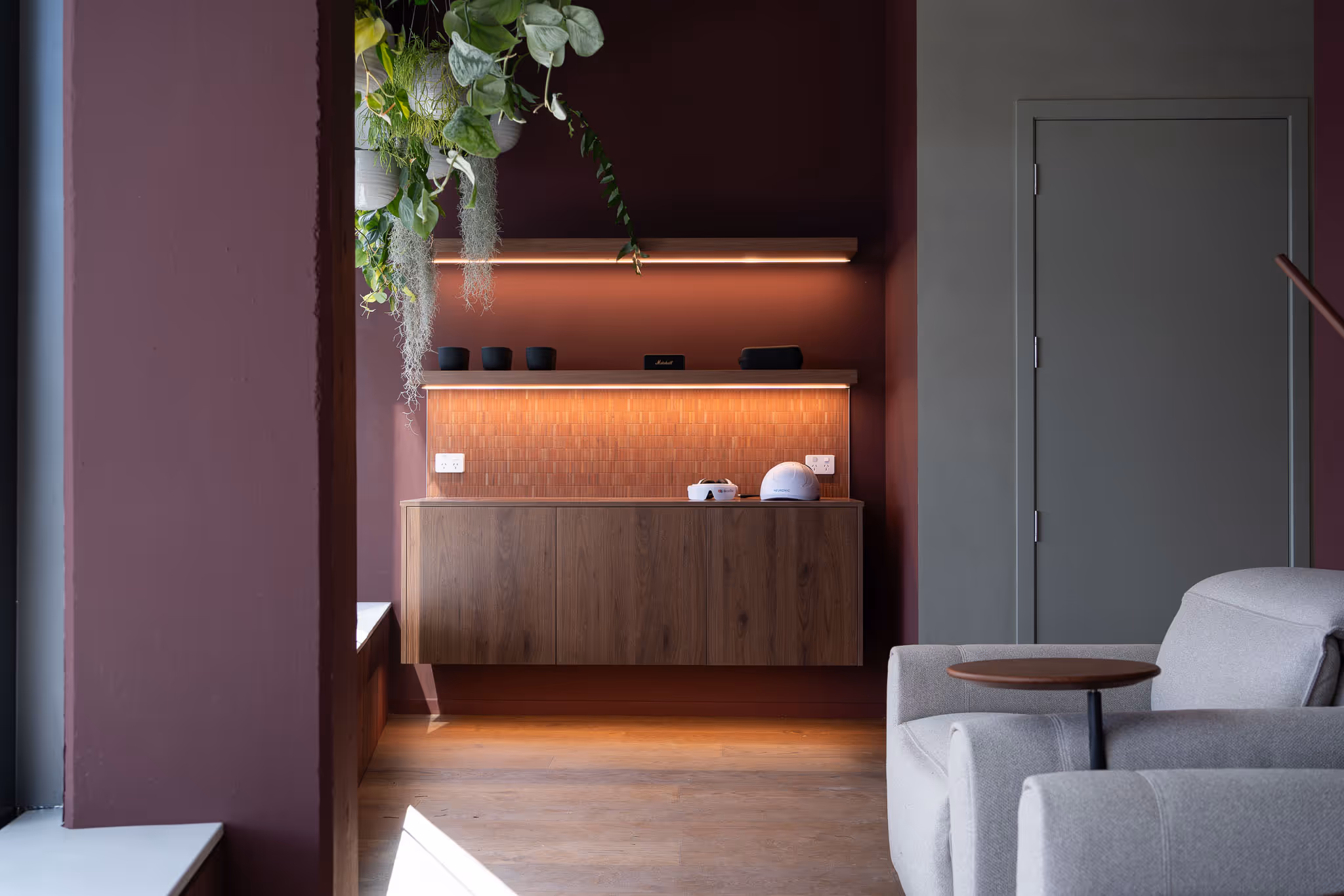 Beautiful relaxing space with BrainTap and Nuero techs wellness tools sitting on the helfs 