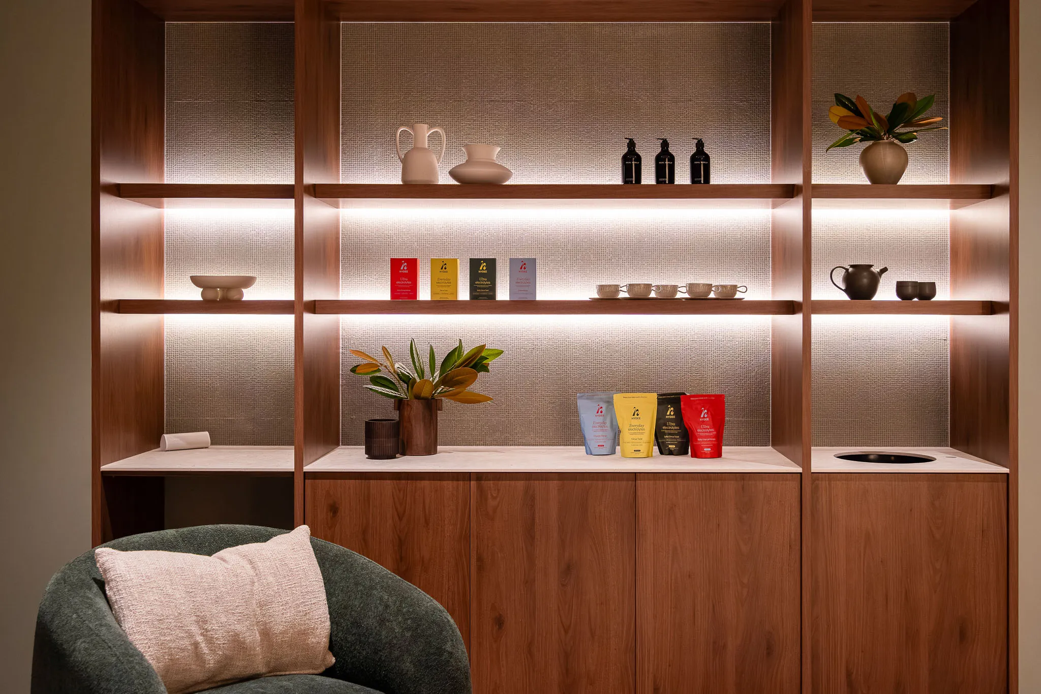 Athestic shelfs with products displayed