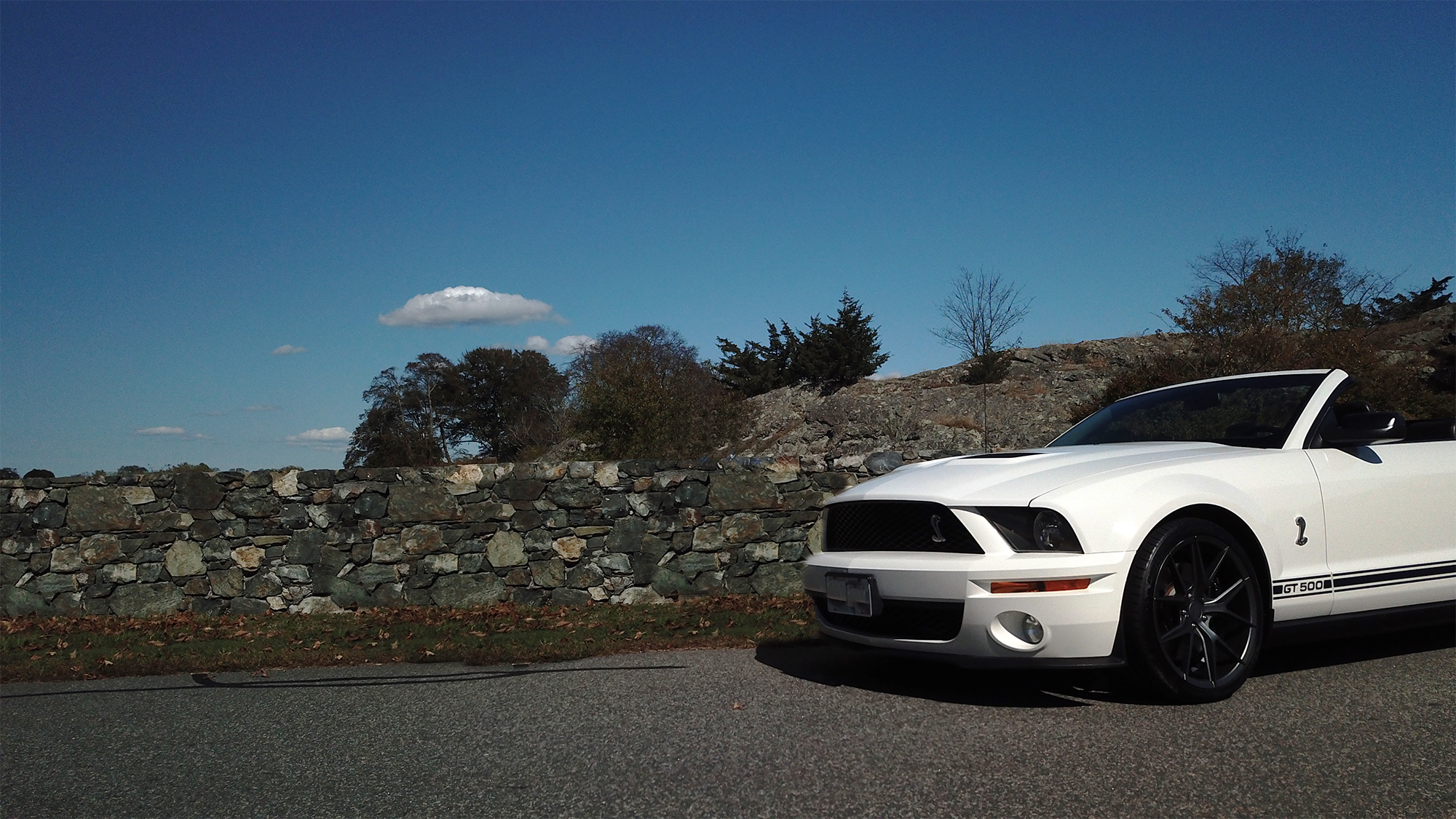 White 2008 Ford Mustang Shelby GT500 convertible parked along a stone wall in Newport, Rhode Island under a clear blue sky.